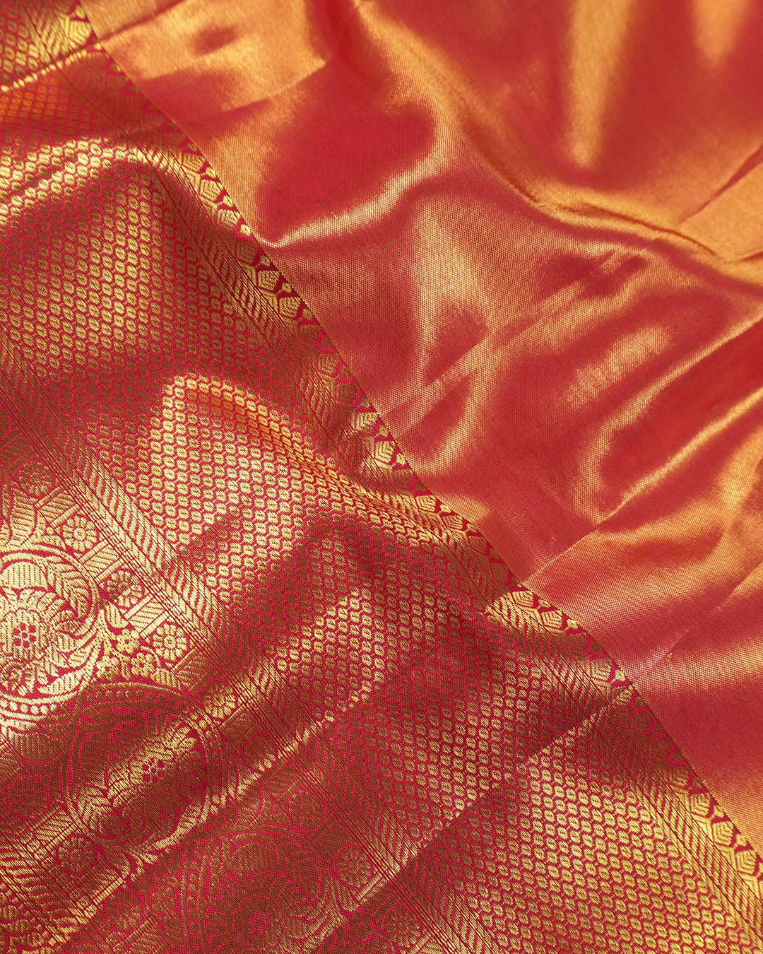Sunset Peach Pure Kanjivaram Saree with Layered Floral Weaves - katansi