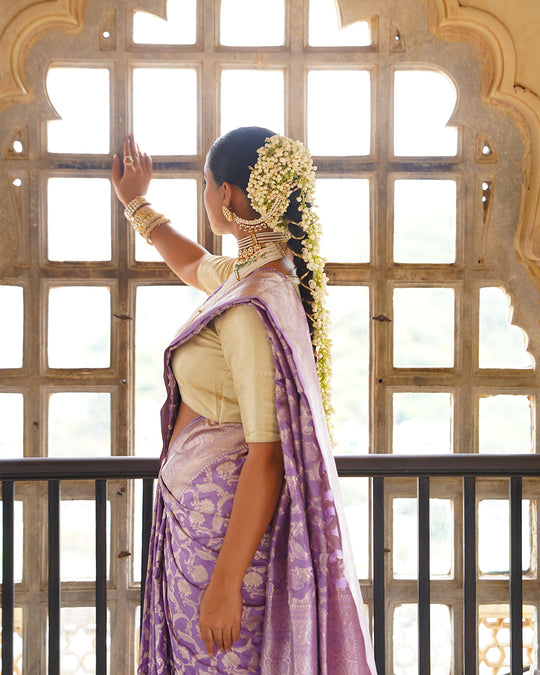 Royal Purple Pure Katan Saree with Heritage Floral Jaal Patterns