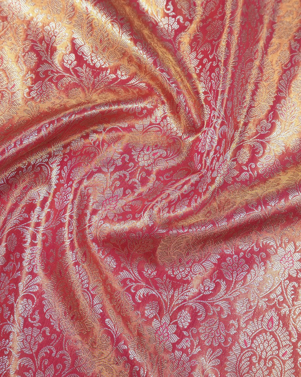 Sunset Peach Pure Kanjivaram Saree with Layered Floral Weaves - katansi