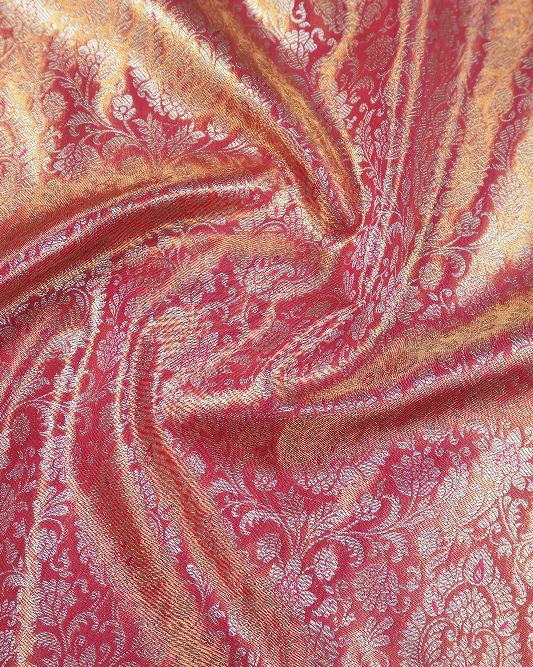 Sunset Peach Pure Kanjivaram Saree with Layered Floral Weaves - katansi