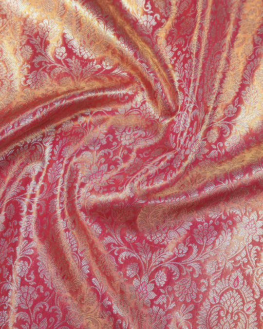 Sunset Peach Pure Kanjivaram Saree with Layered Floral Weaves - katansi