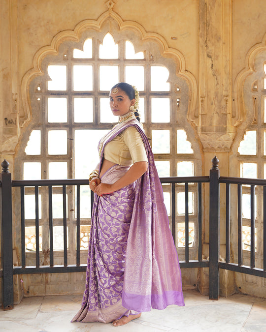 Royal Purple Pure Katan Saree with Heritage Floral Jaal Patterns
