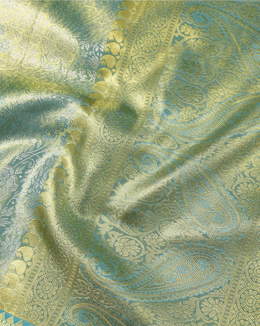 Aqua Blue Pure Kanjivaram Saree with Dimensional Bloom Jaal Weave - katansi