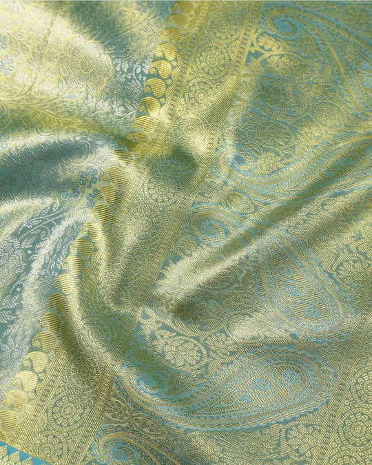 Aqua Blue Pure Kanjivaram Saree with Dimensional Bloom Jaal Weave - katansi