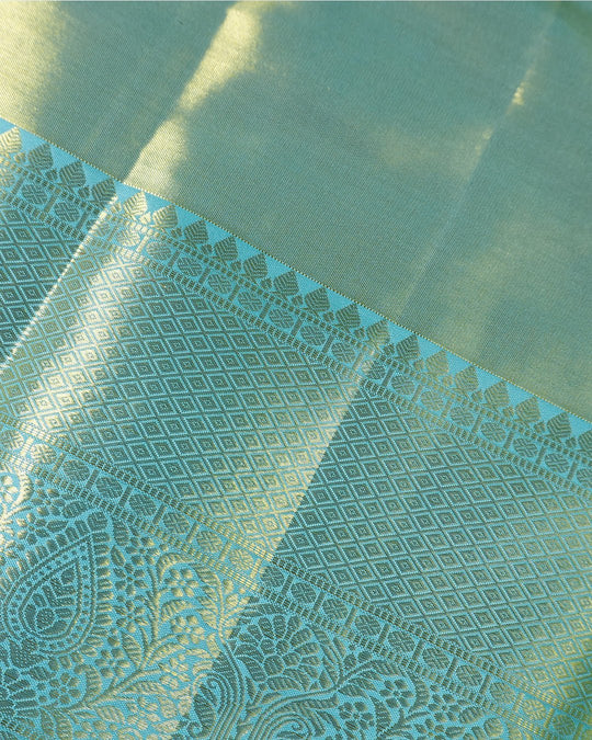 Aqua Blue Pure Kanjivaram Saree with Dimensional Bloom Jaal Weave - katansi