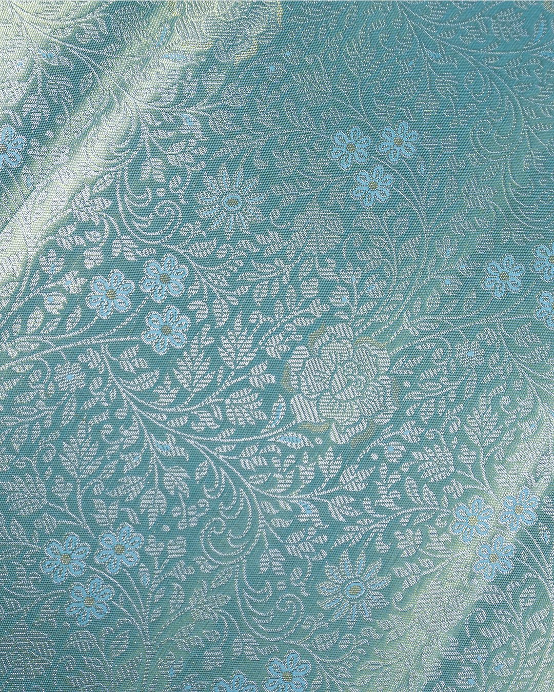 Aqua Blue Pure Kanjivaram Saree with Dimensional Bloom Jaal Weave - katansi