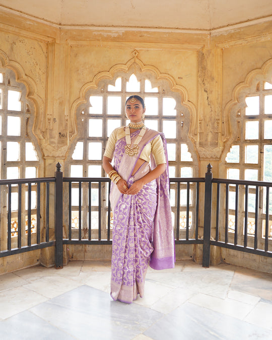 Royal Purple Pure Katan Saree with Heritage Floral Jaal Patterns