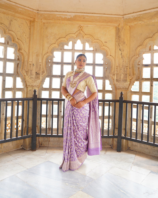 Royal Purple Pure Katan Saree with Heritage Floral Jaal Patterns