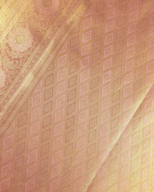 Pink Pure Kanjivaram Saree with Filigree Floral Jaal Weave - katansi