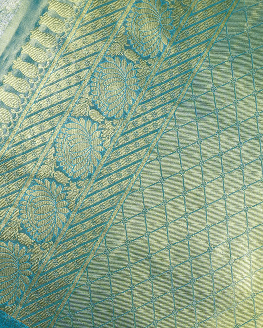 Mint Green Pure Kanjivaram Saree with Leafy Tapestry Weaves - katansi