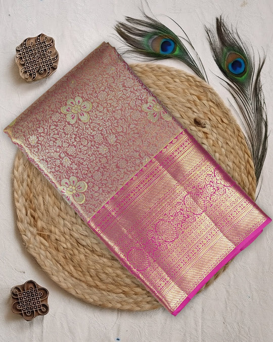 Pink Pure Kanjivaram Saree with Floral Jaal Weaves and Brocade Border - katansi