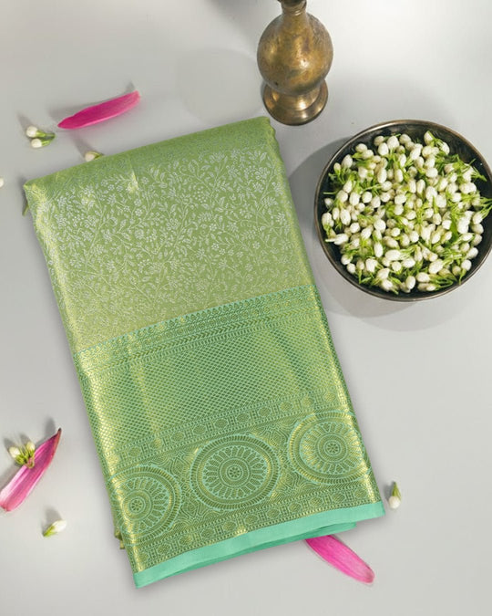 Pista Green Pure Kanjivaram Saree with Floral Leafy Jaal Weave - katansi
