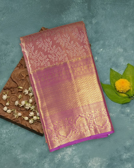 Rose Pink Pure Kanjivaram Saree with Veil Flower Jaal Weaving - katansi