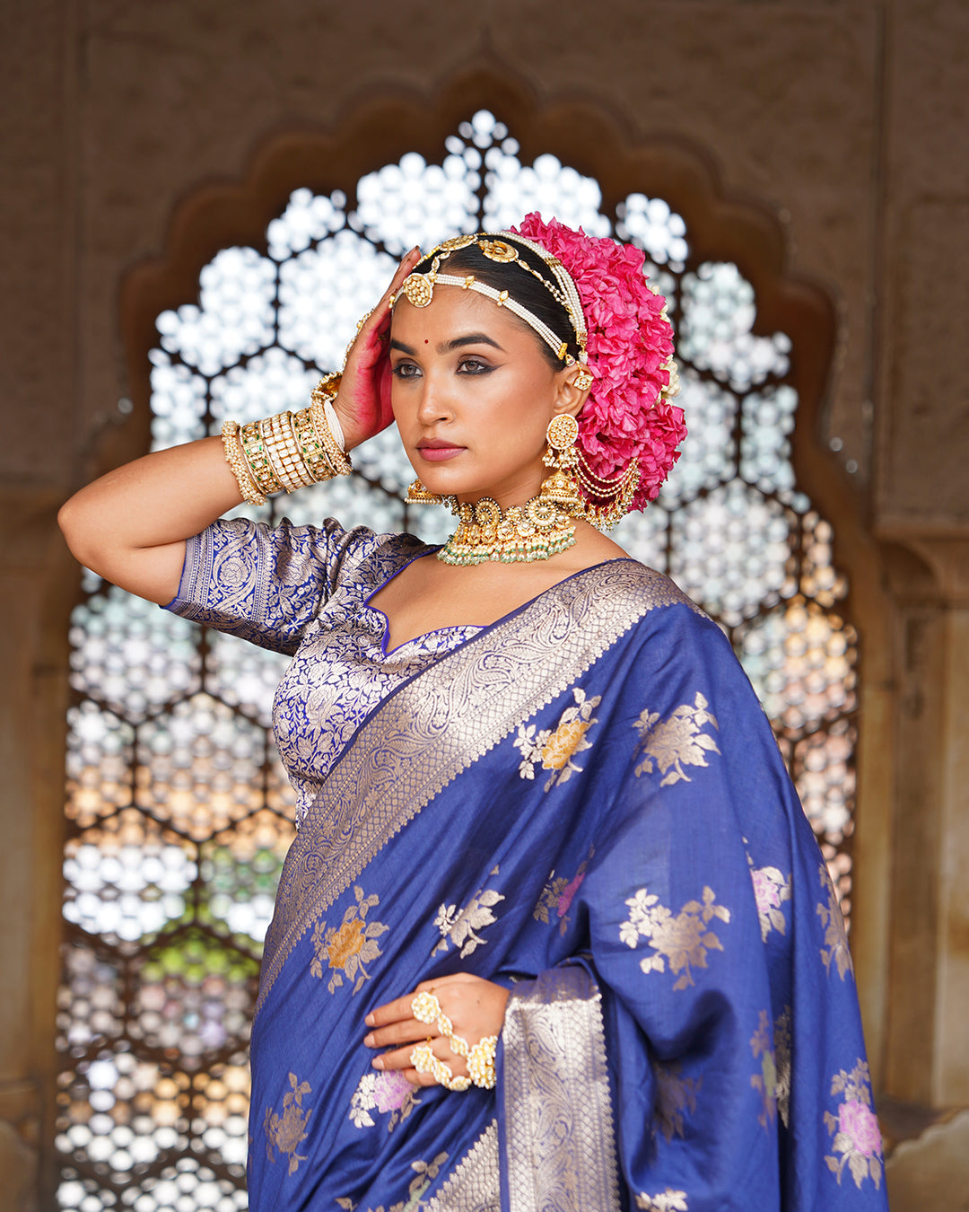 Blue Enchantress Pure Banarasi Saree with Floral Meenakari Weaves