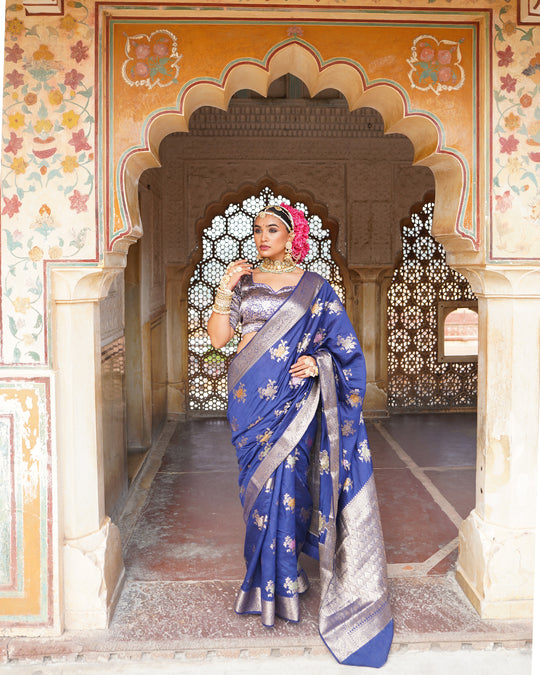 Blue Enchantress Pure Banarasi Saree with Floral Meenakari Weaves