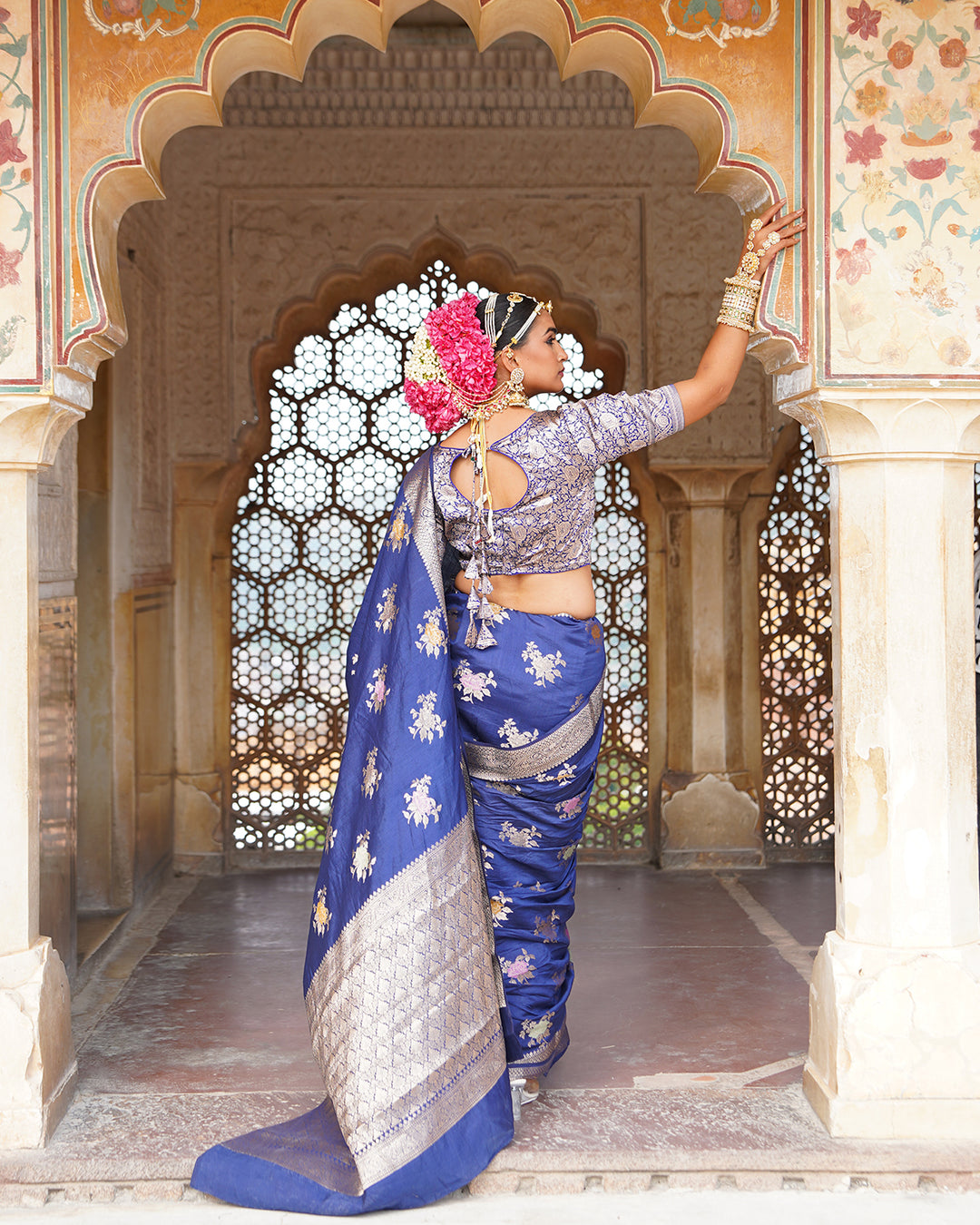 Blue Enchantress Pure Banarasi Saree with Floral Meenakari Weaves