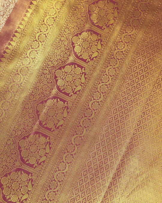 Pink Pure Kanjivaram Saree with Floral Jaal Weaves and Brocade Border - katansi