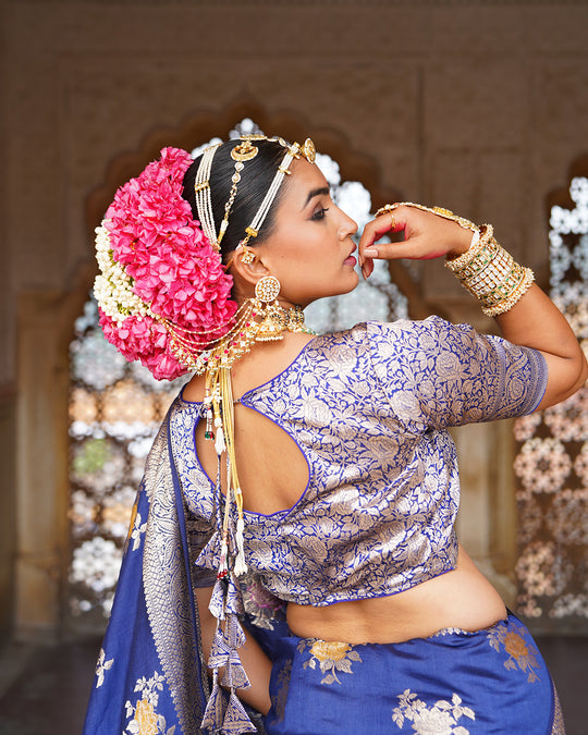 Blue Enchantress Pure Banarasi Saree with Floral Meenakari Weaves