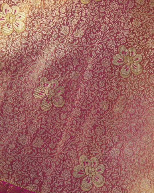 Pink Pure Kanjivaram Saree with Floral Jaal Weaves and Brocade Border - katansi