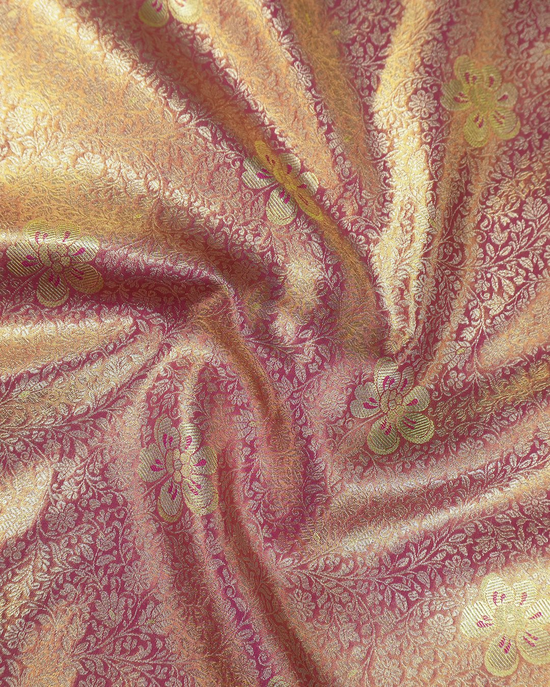 Pink Pure Kanjivaram Saree with Floral Jaal Weaves and Brocade Border - katansi