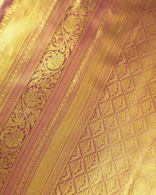 Rose Pink Pure Kanjivaram Saree with Veil Flower Jaal Weaving - katansi