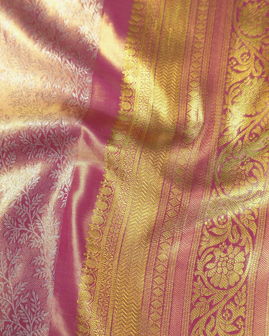 Rose Pink Pure Kanjivaram Saree with Veil Flower Jaal Weaving - katansi