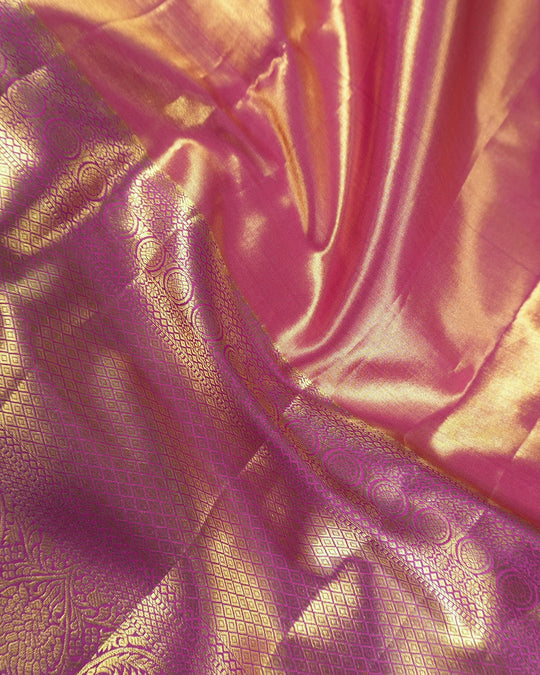 Rose Pink Pure Kanjivaram Saree with Veil Flower Jaal Weaving - katansi