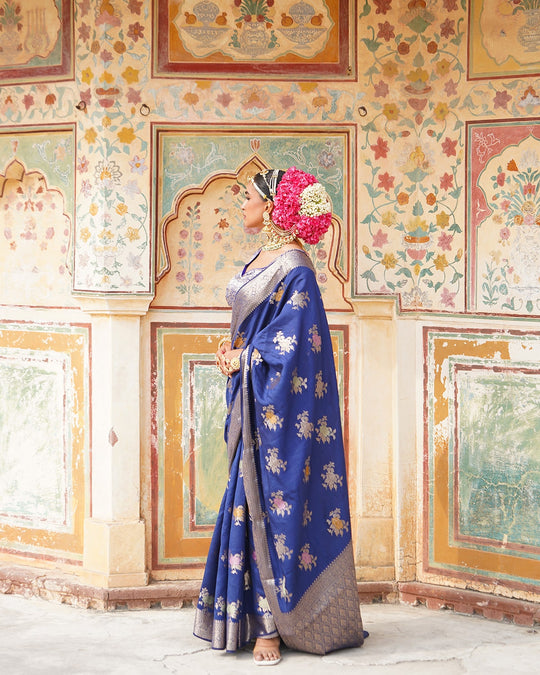 Blue Enchantress Pure Banarasi Saree with Floral Meenakari Weaves
