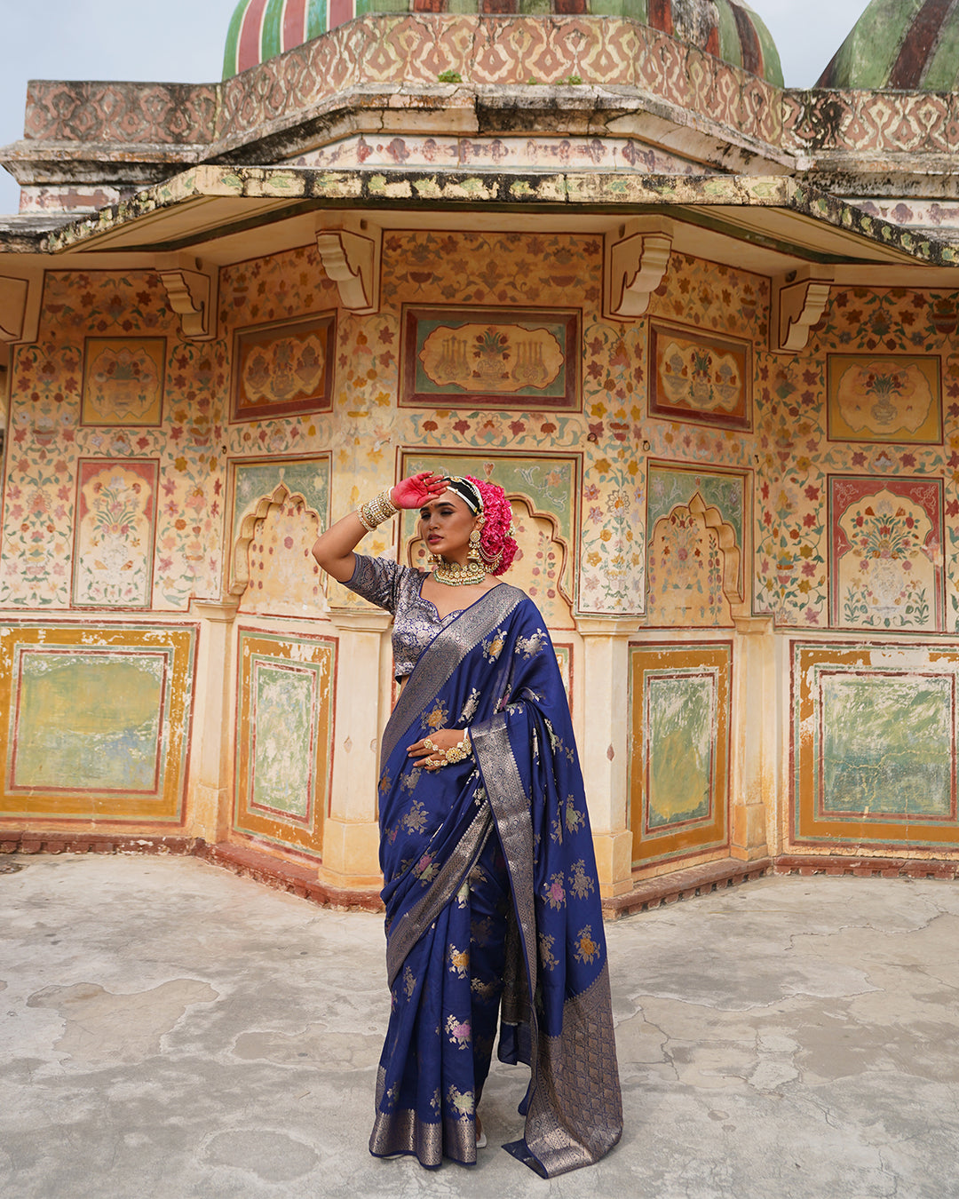 Blue Enchantress Pure Banarasi Saree with Floral Meenakari Weaves