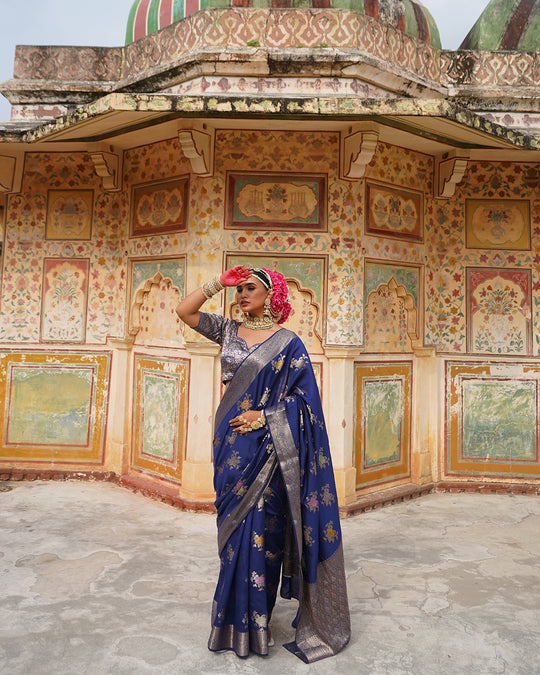 Blue Enchantress Pure Banarasi Saree with Floral Meenakari Weaves