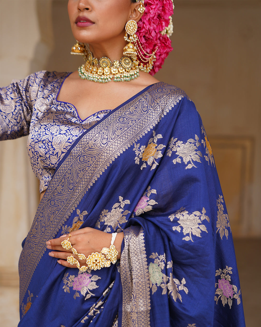 Blue Enchantress Pure Banarasi Saree with Floral Meenakari Weaves
