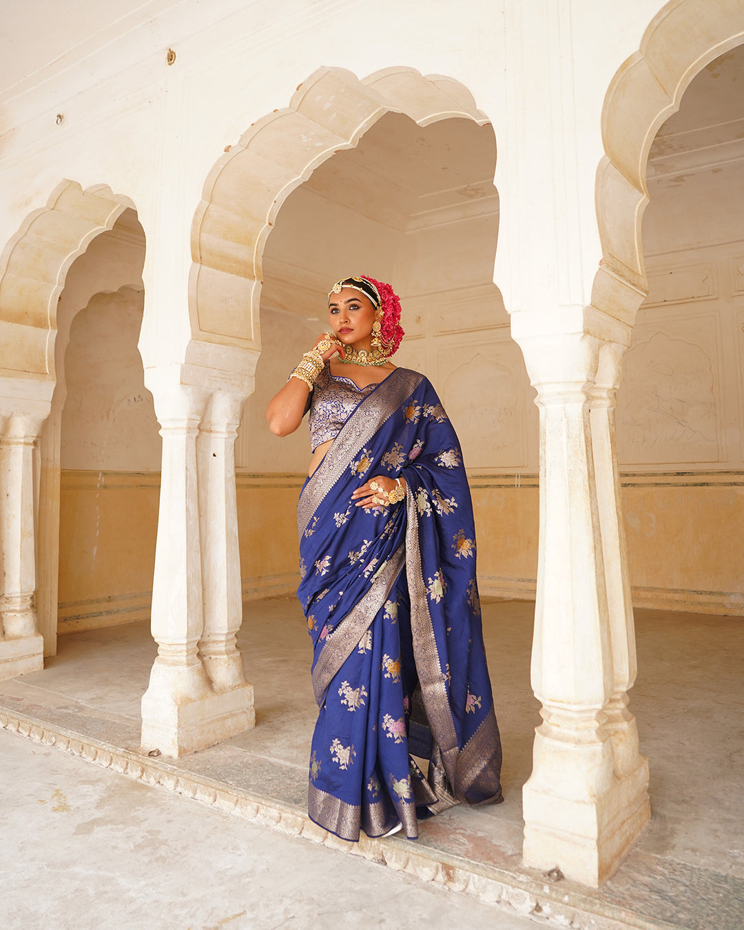 Blue Enchantress Pure Banarasi Saree with Floral Meenakari Weaves
