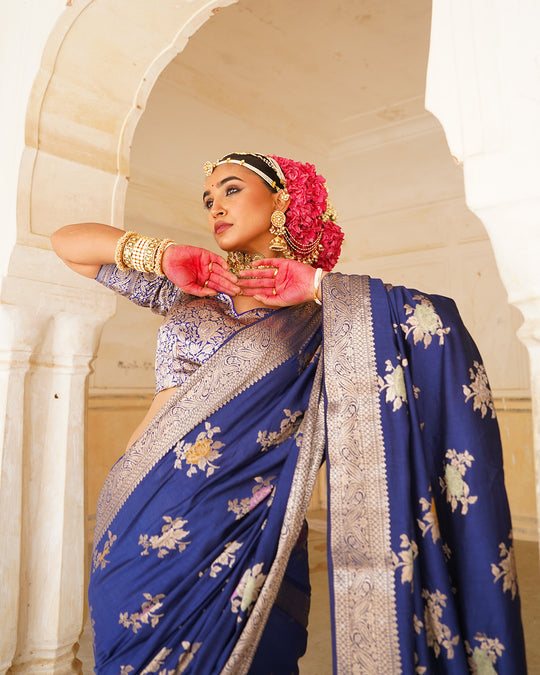 Blue Enchantress Pure Banarasi Saree with Floral Meenakari Weaves