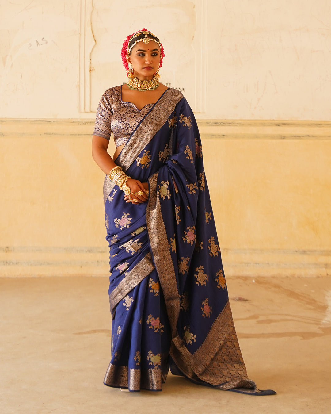 Blue Enchantress Pure Banarasi Saree with Floral Meenakari Weaves