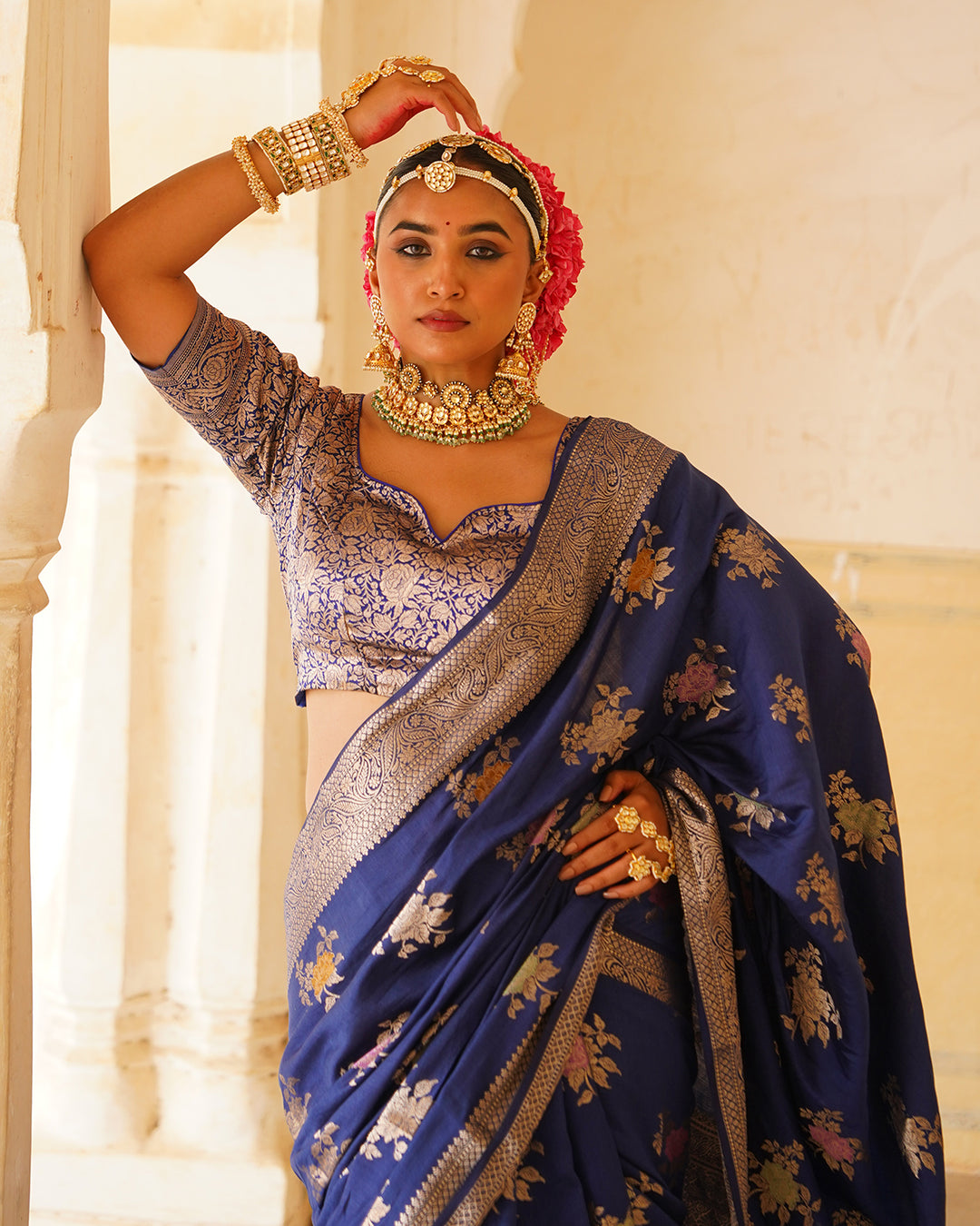 Blue Enchantress Pure Banarasi Saree with Floral Meenakari Weaves