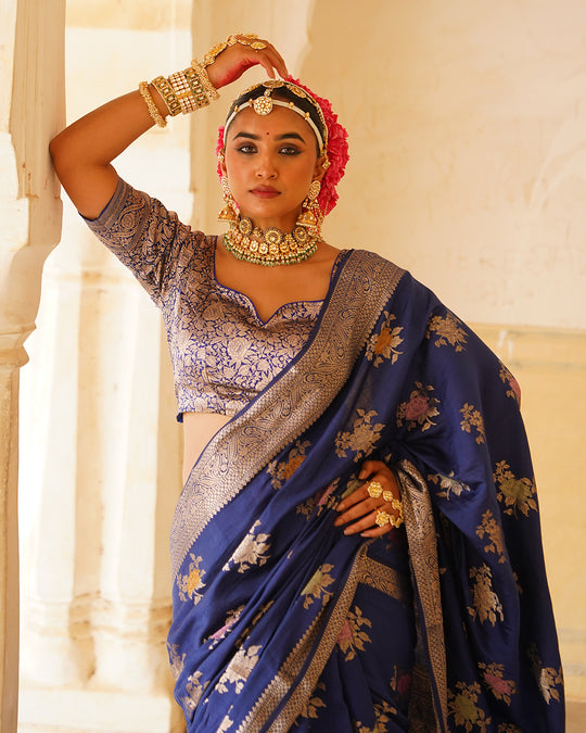 Blue Enchantress Pure Banarasi Saree with Floral Meenakari Weaves