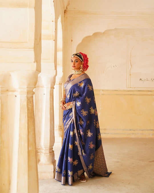 Blue Enchantress Pure Banarasi Saree with Floral Meenakari Weaves