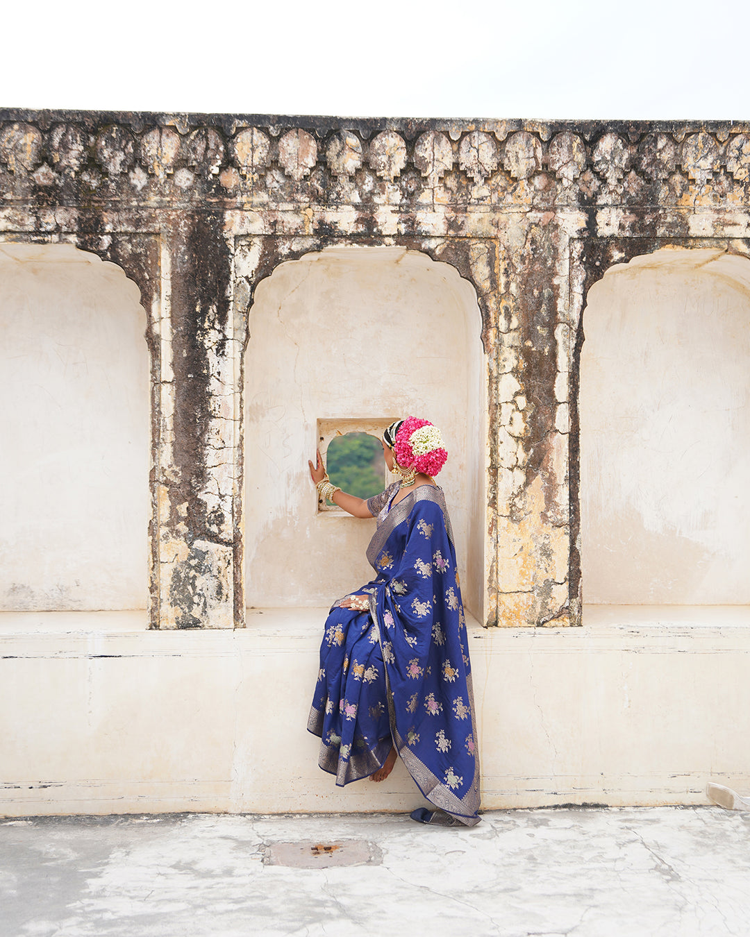 Blue Enchantress Pure Banarasi Saree with Floral Meenakari Weaves