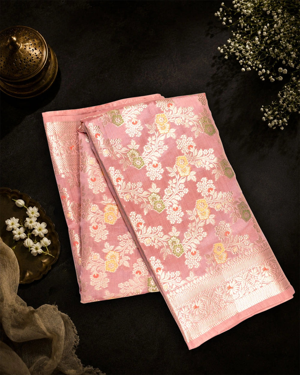 Peach Pink Pure Banarasi Saree with Multi-color Meenakari Floral Weaves