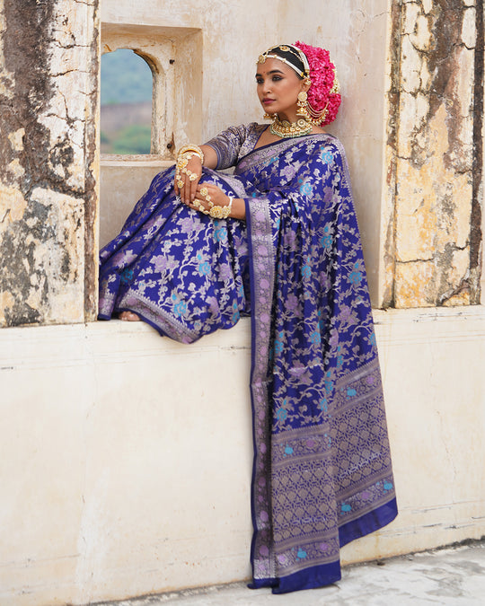 Navy Blue Pure Banarasi Saree with Multihued Meenakari Zari Weaves