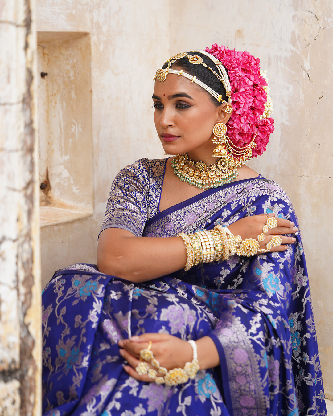 Navy Blue Pure Banarasi Saree with Multihued Meenakari Zari Weaves
