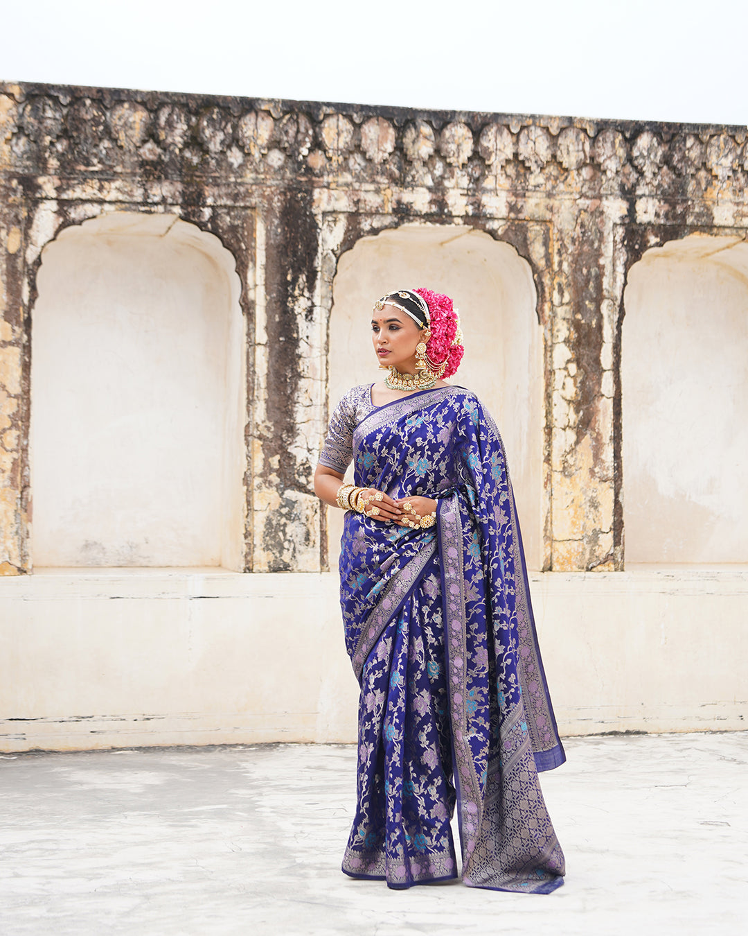 Navy Blue Pure Banarasi Saree with Multihued Meenakari Zari Weaves