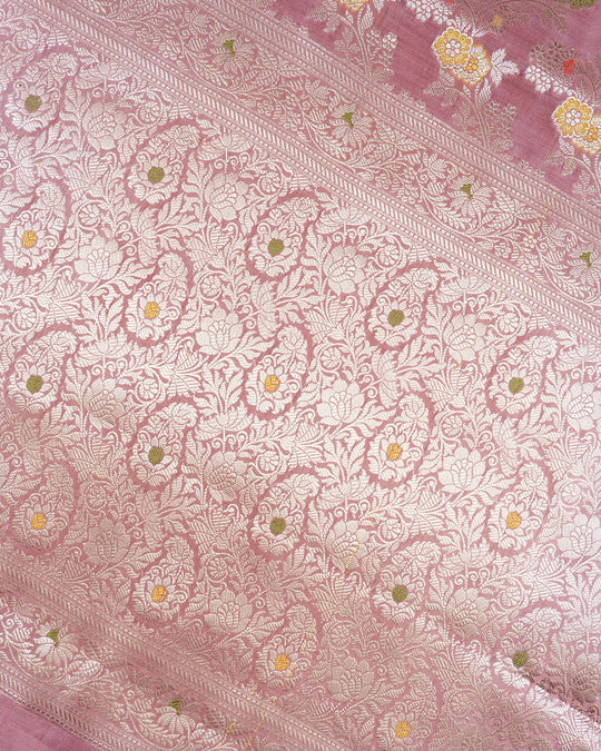 Rose Pink Pure Banarasi Saree with Multi-color Meenakari Floral Weaves