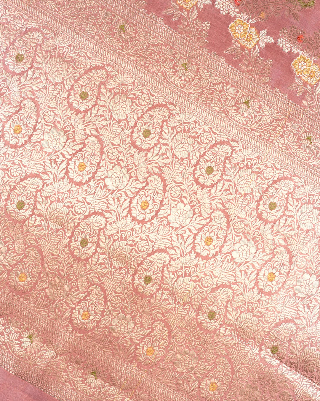 Peach Pink Pure Banarasi Saree with Multicolour Meenakari Floral Jaal