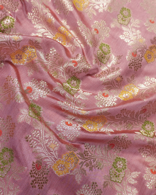 Rose Pink Pure Banarasi Saree with Multi-color Meenakari Floral Weaves