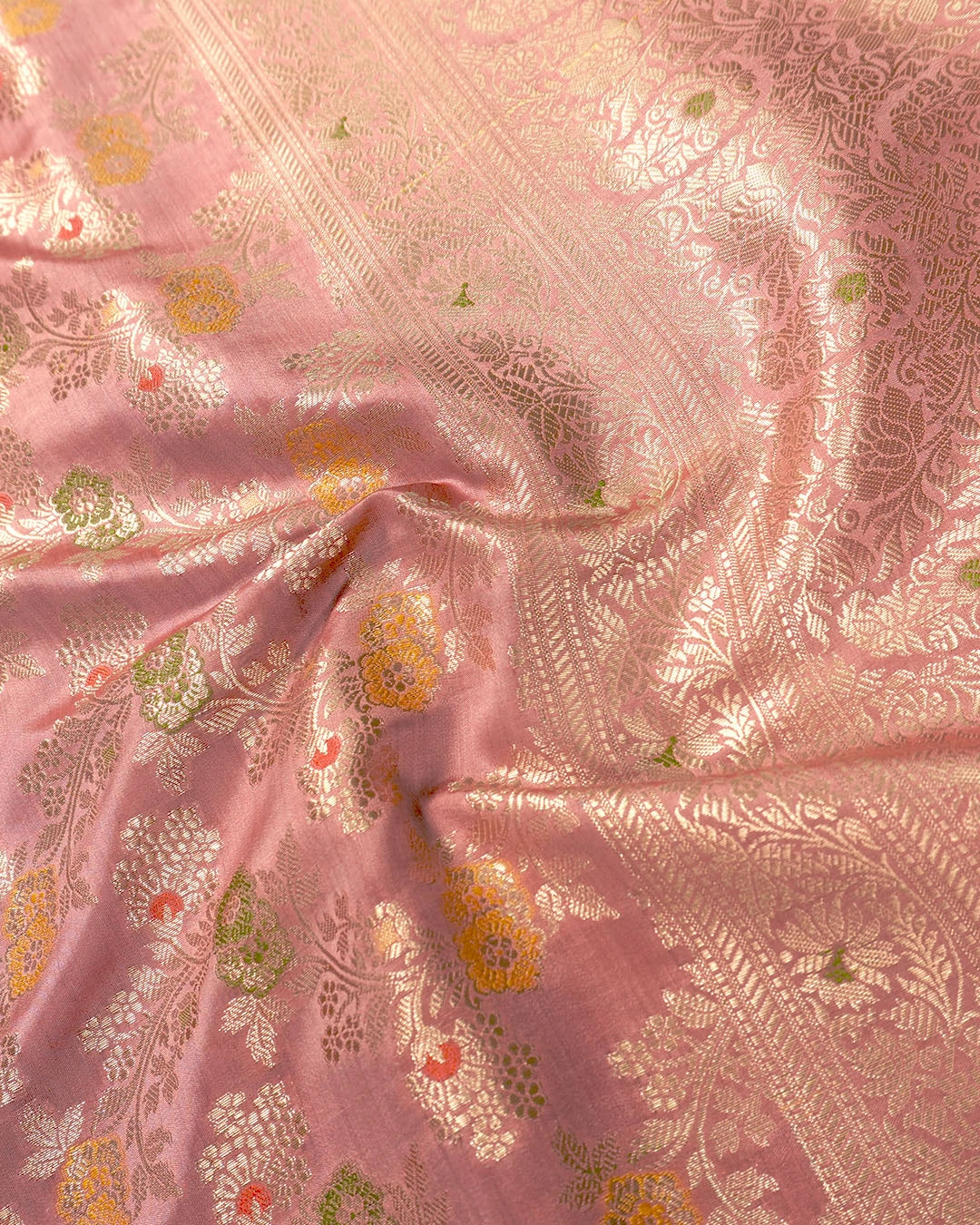 Peach Pink Pure Banarasi Saree with Multicolour Meenakari Floral Jaal