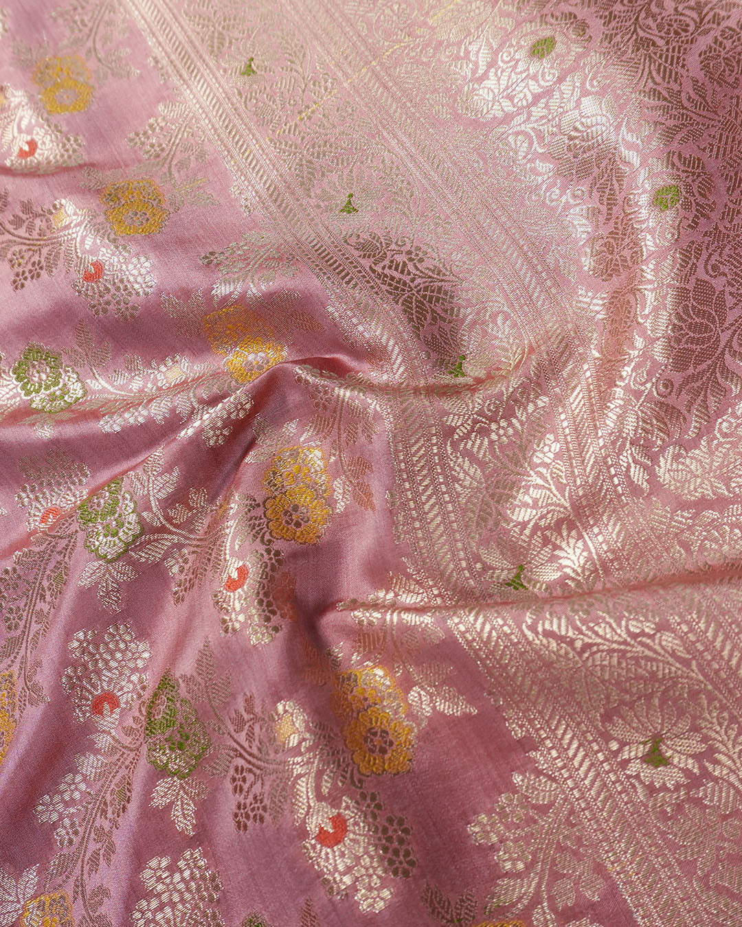 Rose Pink Pure Banarasi Saree with Multi-color Meenakari Floral Weaves