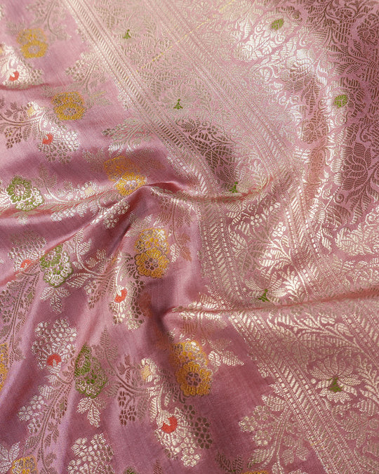 Rose Pink Pure Banarasi Saree with Multi-color Meenakari Floral Weaves
