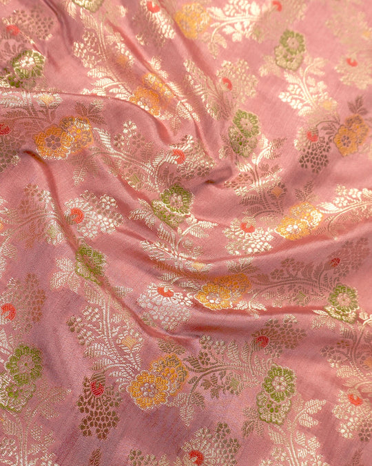 Peach Pink Pure Banarasi Saree with Multicolour Meenakari Floral Jaal