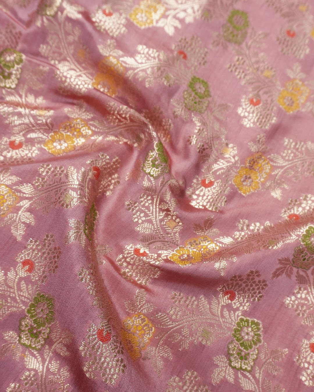 Rose Pink Pure Banarasi Saree with Multi-color Meenakari Floral Weaves